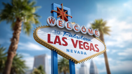 Vibrant welcome sign in Las Vegas illuminated by soft sunlight