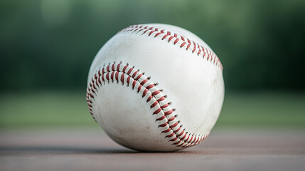 Photography focusing on a baseball with slight stains from use, placed on the ground, with a blurred nature background.