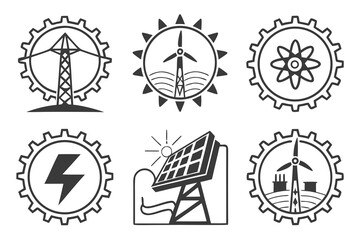 Set of icons representing renewable energy sources and electricity