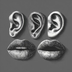 Detailed grayscale illustrations of human ears and lips