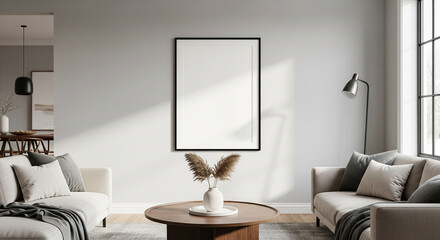 Modern Living Room Wall Poster Frame Mockup – ISO A Paper Size, Modern Interior Design, 3D Render