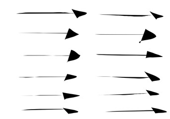 Set of hand-drawn black arrows with simple lines pointing sideways. Linear arrow icon set. Vector illustration, flat design. illustration.