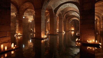Fototapeta premium Ancient subterranean pool, lit by candles