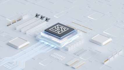 3D rendering of advanced LLM AI chip on circuit board for technology and semiconductor industry visuals