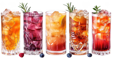 Brandy Crusta, Ward 8 eight, Godfather cocktail PNG set bundle, transparent isolated background. Mixology, bar menu cocktails, colorful vibrant refreshing mixed drink with garnish