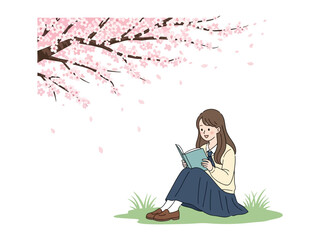 Blossom reading book: A serene illustration captures a young girl engrossed in a book beneath a blooming cherry blossom tree, embodying the tranquility of spring.