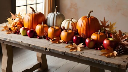 Autumn still life with pumpkins and colorful fall leaves on a seasonal harvest display