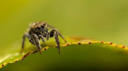 Close-up photo of a spider. Jumping spider. Natural background.