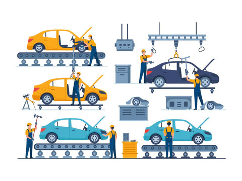 Automotive Assembly: A vibrant illustration of the automotive industry unveils a meticulous assembly line, showcasing the craftsmanship and precision involved in the car-making process.