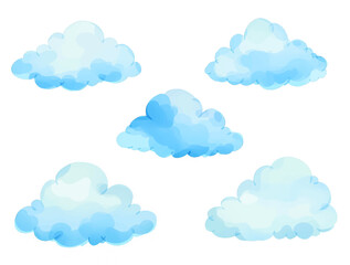 Set of pastel blue cartoon clouds isolated on white background. Hand drawn watercolor illustration.