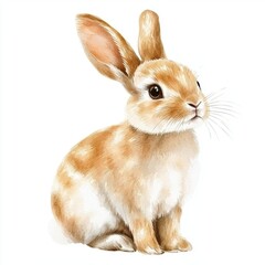 Watercolor Painting of a Tan and White Colored Rabbit Sitting Upright