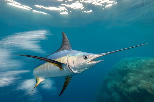 Majestic swordfish swims through clear blue ocean water with sunlight above