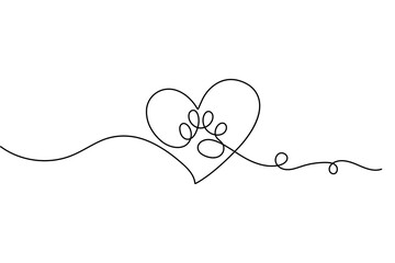 Minimalist heart with paw inside single line drawing outline isolated vector illustration design  © Habiza19721