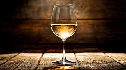 Obraz premium A glass of crisp white wine on a rustic wooden table. Beverage with bubbles. Celebration and relaxing drink. Restaurant bar menu.