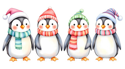 Naklejka premium Vector set of cute funny penguins. Cartoon illustration. Christmas cute penguin characters.