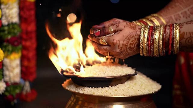 Traditional Indian Wedding Ritual: Hands adorned with bangles and mehndi offering rice into sacred fire during a ceremony.