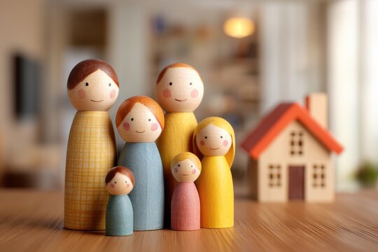 Family with children wooden figures stand together on a blurred living room background. Home ownership and insurance. Conceptual symbolizing protection, relationships and family safety. Harmony symbol - Powered by Adobe