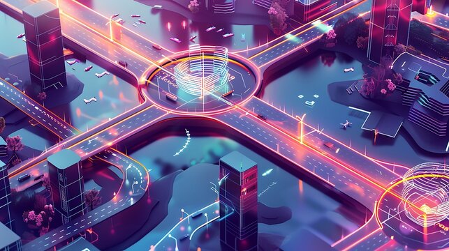 Drone highway intersecting a futuristic smart cityscape with intelligent infrastructure, reflective water bodies, and AI navigation grids, isometric render.
