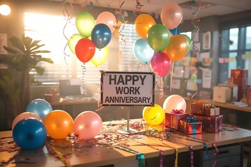 Colorful balloons and gifts decorate office desk for happy work anniversary celebration office party