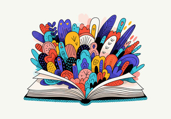 vibrant illustration of an open book with colorful thoughts and ideas bursting out for creativity and imagination
