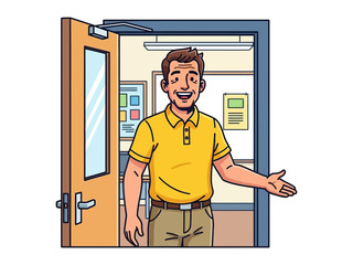 Welcoming Educator: A friendly educator warmly welcomes into an inviting space, with the door wide open to opportunity and learning.