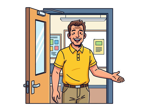 Welcoming Educator: A friendly educator warmly welcomes into an inviting space, with the door wide open to opportunity and learning.