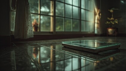 Digital scale on a tiled floor, sunlight through a window