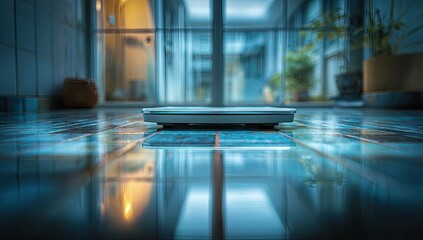 Kitchen scale on tiled floor, interior view