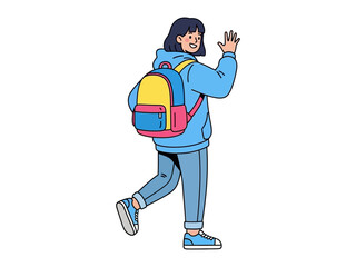 Cheerful Student: A vibrant illustration captures a young person confidently stepping forward, with a backpack and waving hand, set against a clear background, radiating optimism and readiness.