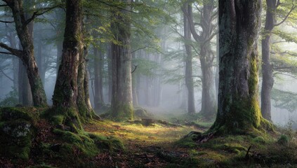 Obraz premium Misty forest path bathed in sunlight