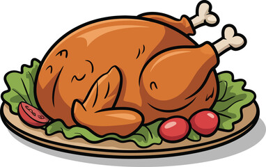 Cartoon Roasted Chicken on Platter:  Happy, Festive Thanksgiving Dinner Illustration, roasted chicken, Thanksgiving,  cartoon, illustration, holiday, food, dinner, cute, green, plate, lettuce, tomato