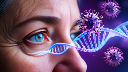 Close up of human eye with virus and dna strand blue iris