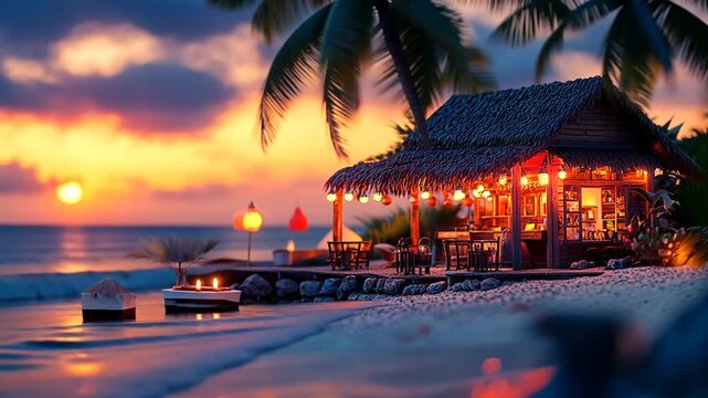 Miniature beach hut at sunset