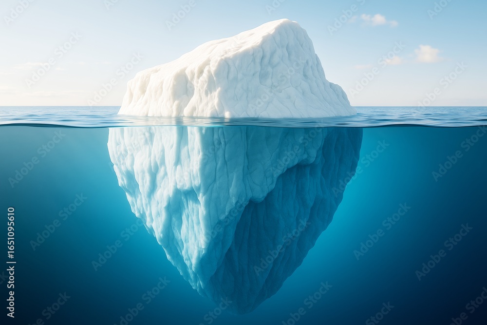 Poster iceberg floating in ocean with vast underwater section visible on bright day, symbolizing hidden dep