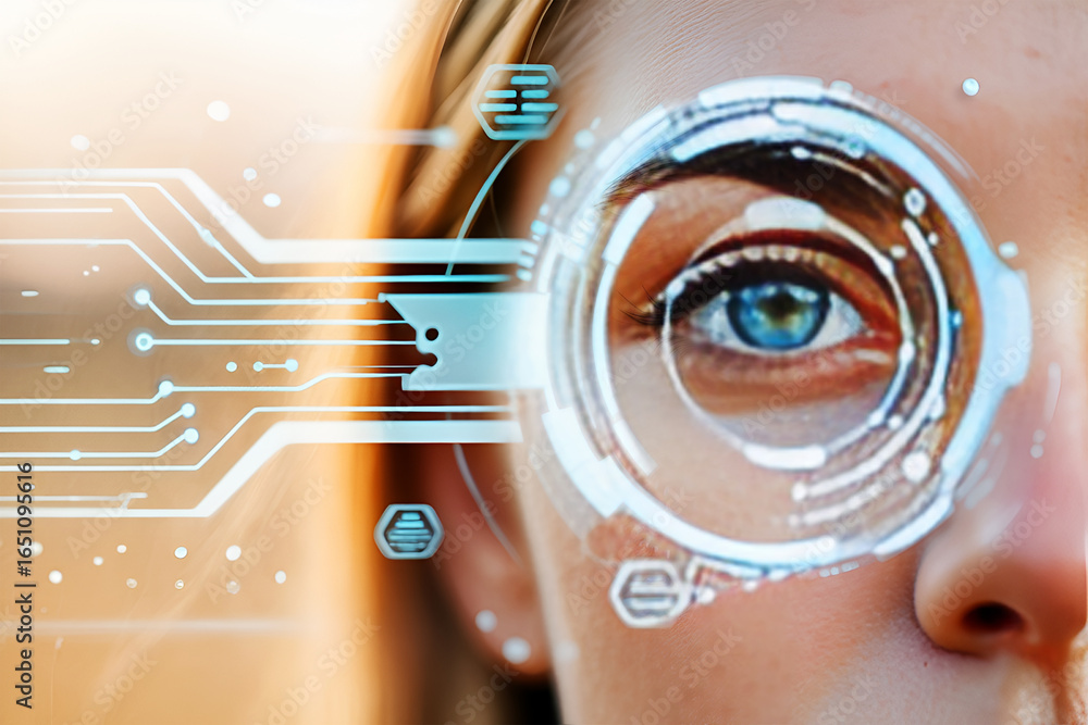 Aufkleber futuristic eye scan technology interface with blue circuit patterns image