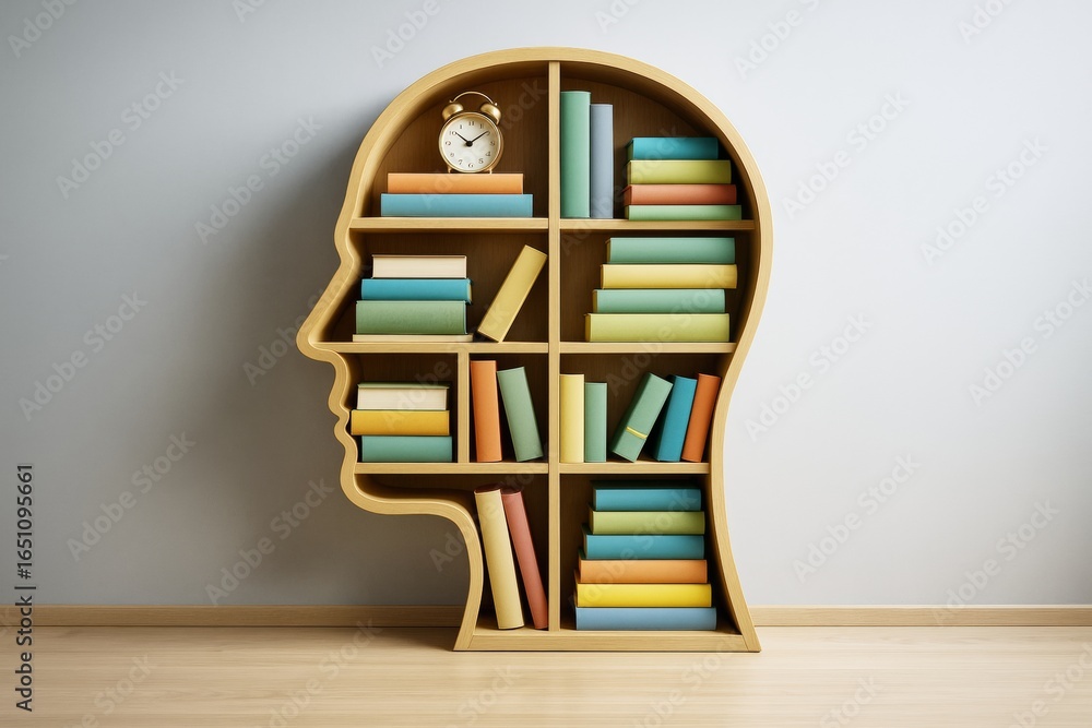 Aufkleber human head-shaped wooden bookshelf filled with colorful books and a clock on a light background repr