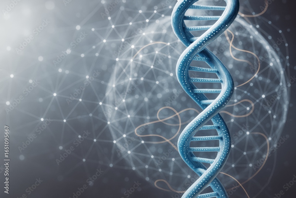 Poster dna double helix structure with glowing particles on abstract scientific background and network conn