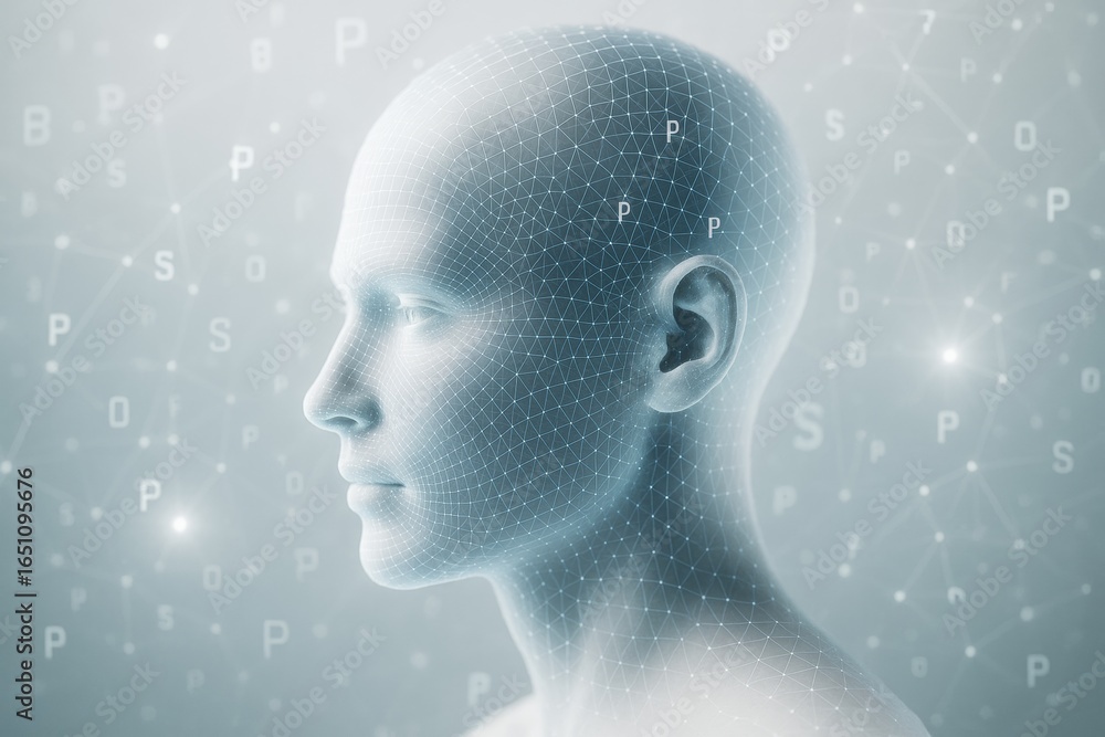 Poster abstract digital human head with wireframe mesh and glowing particles on light background representi