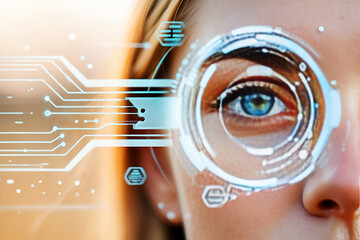 Futuristic eye scan technology interface with blue circuit patterns image