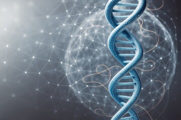 DNA double helix structure with glowing particles on abstract scientific background and network connections in soft light and blue tones.
