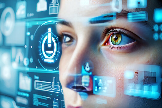 Futuristic digital interface overlaying human eye with scientific icons science technology