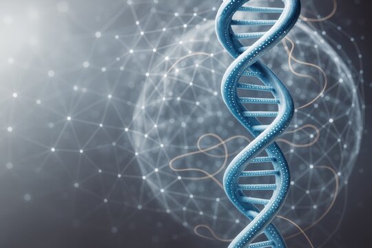 DNA double helix structure with glowing particles on abstract scientific background and network connections in soft light and blue tones.
