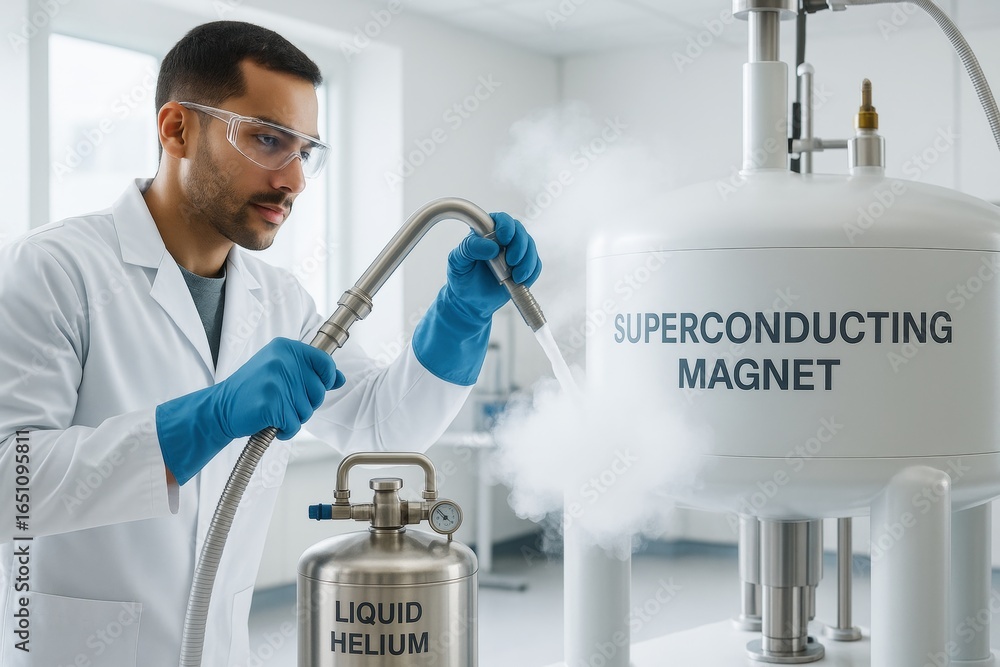 Poster scientist working with liquid helium and superconducting magnet in laboratory environment with brigh