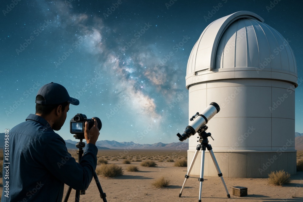 Poster astronomer capturing starry night sky near observatory with telescope under milky way in desert land