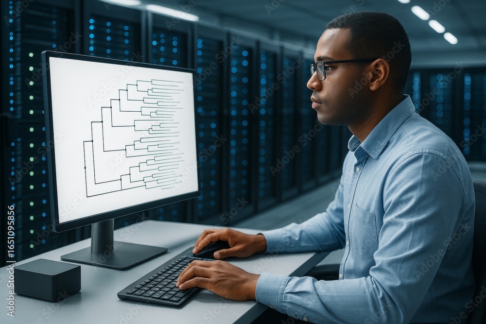 Poster scientist analyzing phylogenetic tree on computer in modern data center with glowing server lights i