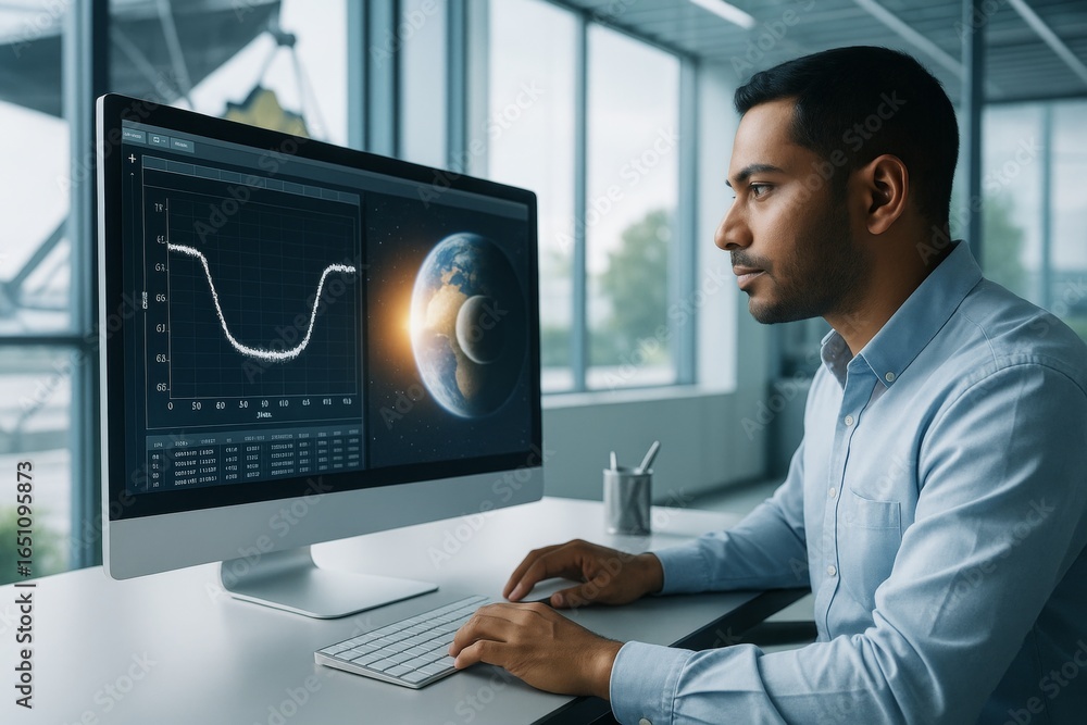 Poster scientist analyzing planetary transit data on computer with earth and exoplanet visualization in mod