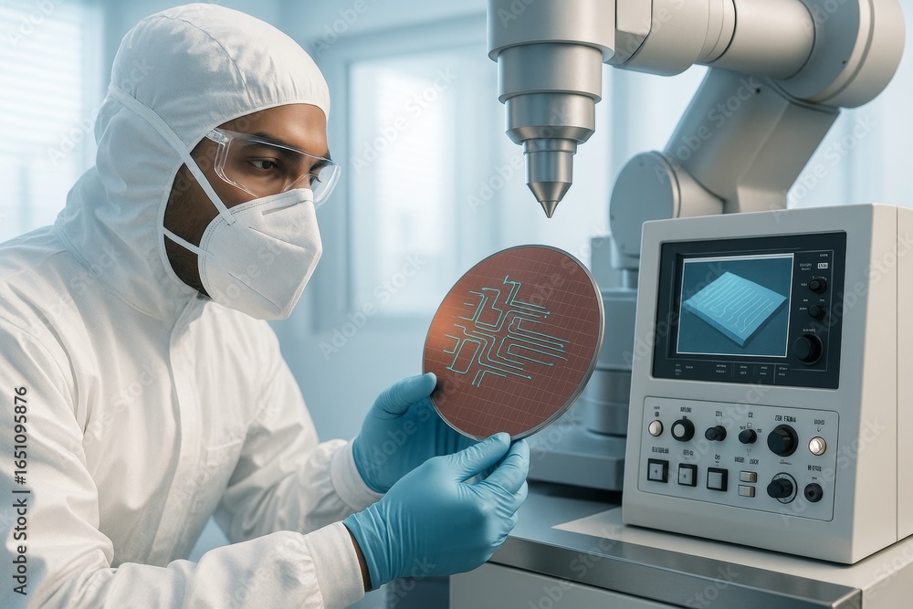 Poster scientist in cleanroom inspecting semiconductor wafer under microscope with futuristic circuit proje