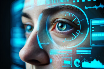 Human eye interacting with futuristic digital interface blue