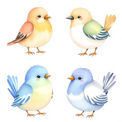 Bird Set Watercolor Illustration. Realistic close-up images of red cardinal, eastern bluebird, goldfinch, robin, and wren. Beautiful avian collection for garden and forest themes on a white background