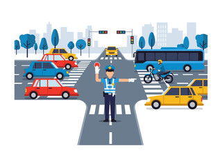 Traffic Control: A traffic controller directing traffic in a city street, illustrating urban transportation and orderliness. © Abdul